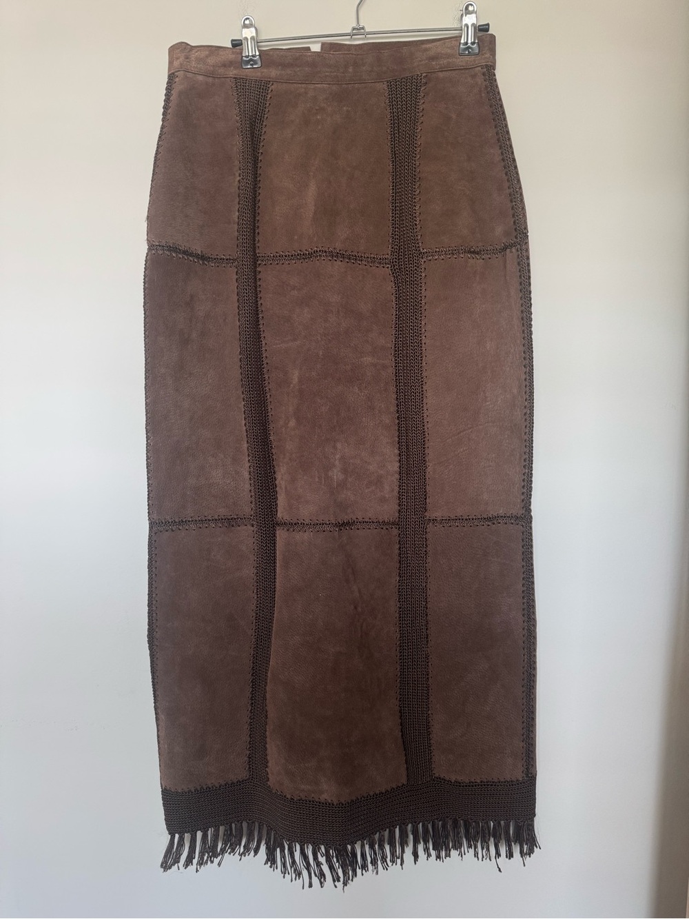 S.M.H. Vintage Brown Suede Leather Patchwork Fringe Western Maxi Skirt 8